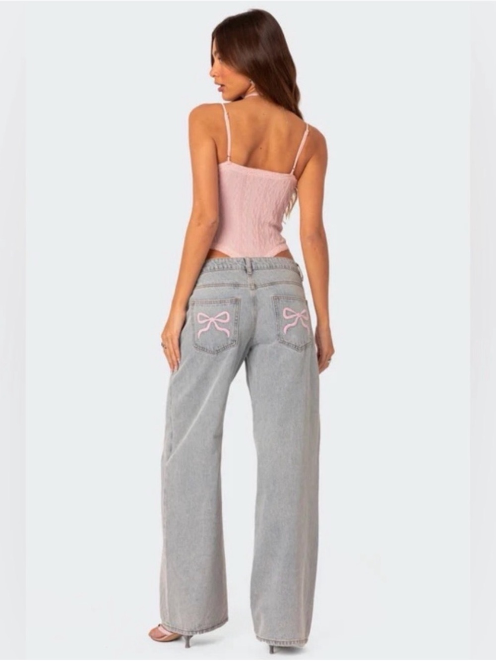 Edikted Bow Pocket Low Rise Baggy Jeans -Light Blue - Size XS - like new